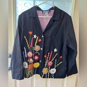 - Indigo Moon 1x lined 3 button jacket beaded and appliqué flowers, lavender